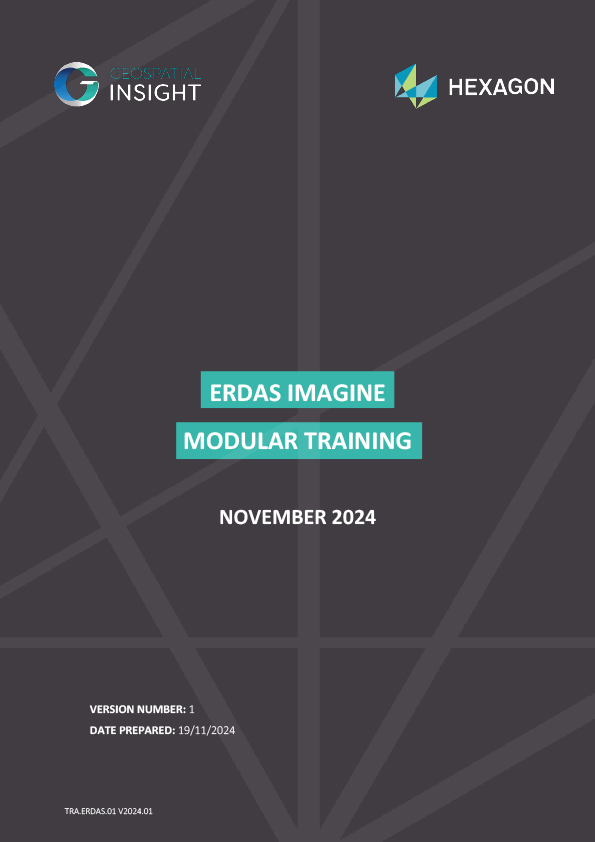 Front cover of ERDAS IMAGINE training module brochure, featuring Geospatial Insight branding and Hexagon Geospatial partnership, designed for geospatial analysis and remote sensing education.