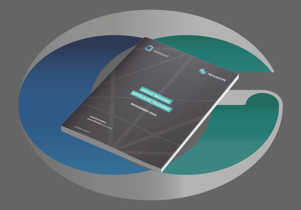 Mock-up of ERDAS IMAGINE training modules brochure, featuring Geospatial Insight branding and Hexagon Geospatial partnership, designed for geospatial analysis and remote sensing education.
