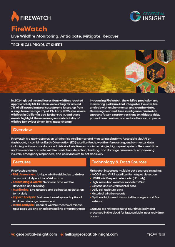 Cover of the FireWatch dark product sheet, featuring black and orange branding with wildfire imagery and the tagline highlighting real-time wildfire monitoring and intelligence.