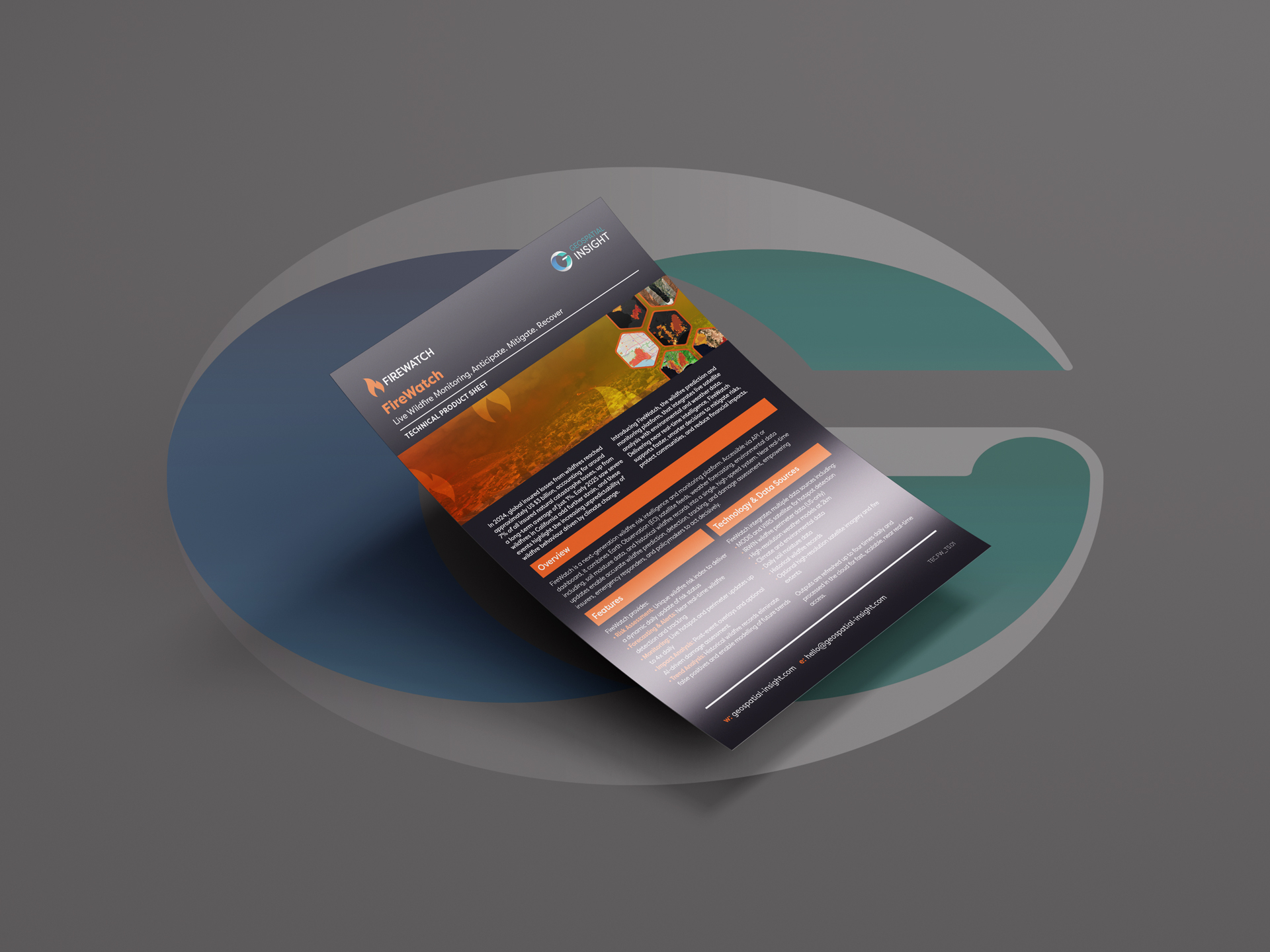 Mock-up of the FireWatch technical product sheet (dark version), with black and orange branding. The sheet highlights wildfire monitoring and modelling using satellite data, AI, and real-time alerts, supported by imagery panels of fire-affected landscapes and technical overview sections.