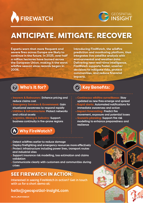 FireWatch generic flyer with orange and black branding, featuring wildfire imagery and highlighting satellite-based wildfire monitoring and AI analysis.