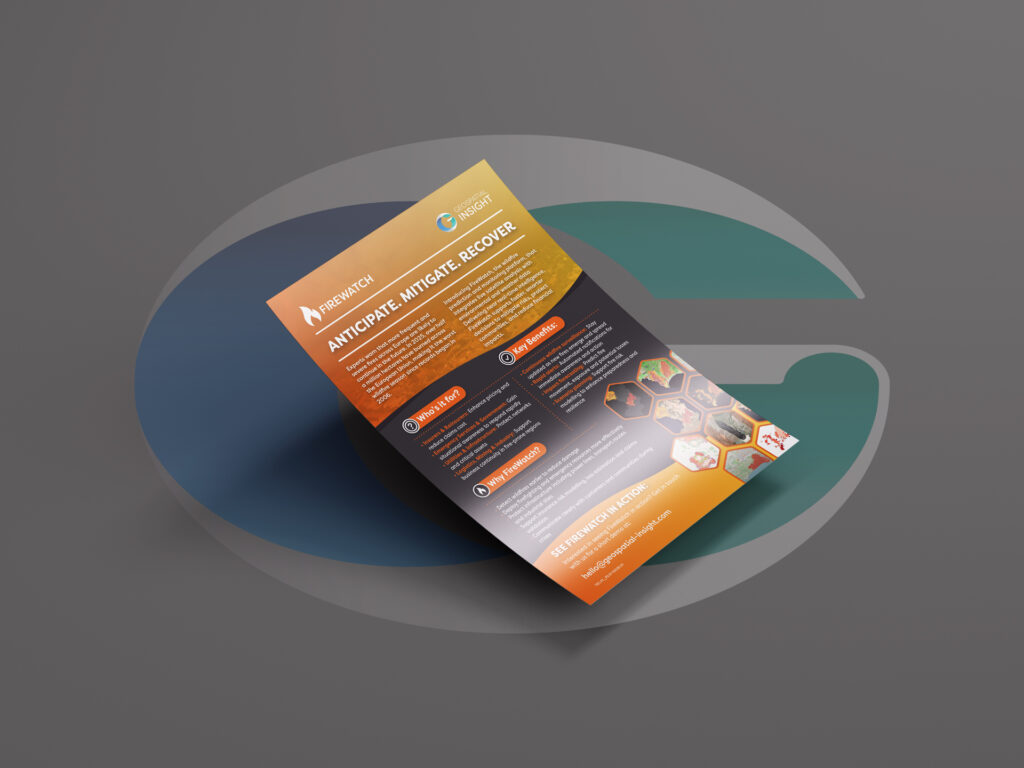 Mock-up of the FireWatch generic flyer, shown on a grey background with orange and black branding. The flyer highlights satellite-based wildfire monitoring and AI analysis, featuring wildfire imagery and sections on product benefits and applications.