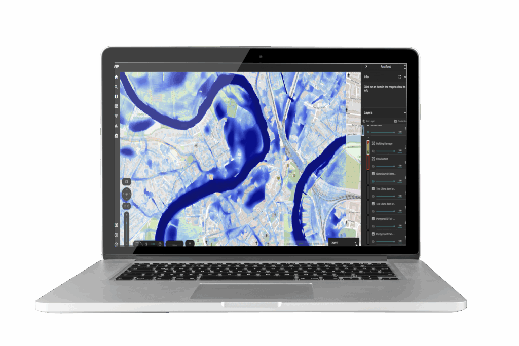 Laptop screen mock-up showing FloodCast flood modelling and flood prediction dashboard.